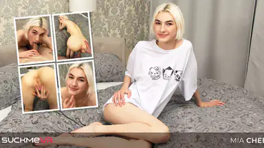 Mager blondinen Mia Cheers visar sina blowjob-kunskaper